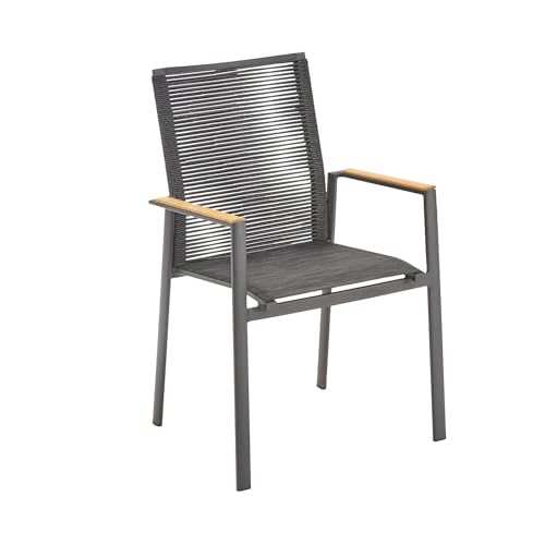 Liadomo Gartenstuhl Limbadi - Stapelstuhl - Alu-Gestell - Rope anthrazit - Armlehnen Teakholz - fertig montiert - wetterfest - stapelbar - für Garten, Terrasse & Balkon
