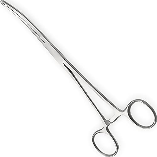 Precision Kelly Hemostat Forceps Locking Tweezers Clamp, Silver, Straight and Curved Stainless Steel (Curved, 10")