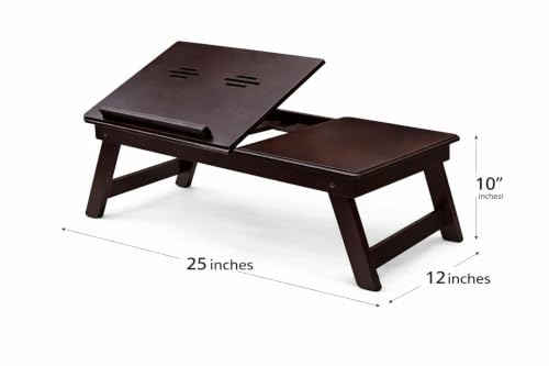 Image of Wooden Laptop Table Standard Adjustable Study Table with Laptop, Portable Lap Desk, Multifunctional Bed Table with Drawer and Folding Legs (Brown N)