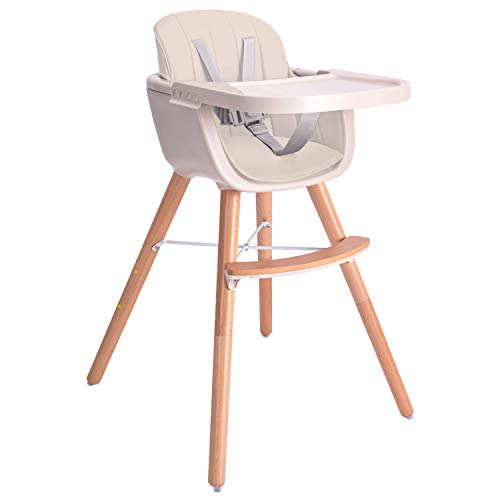 Image of Baby High Chair,Wooden High Chair with Removable Tray and Adjustable Legs for Baby/Infants/Toddlers, Cream