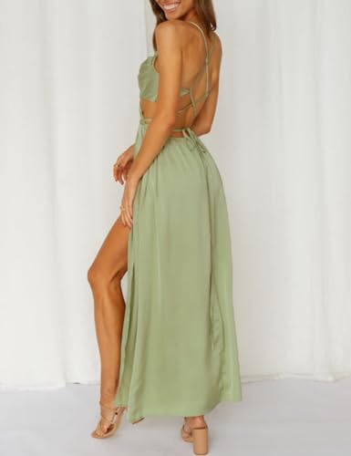 Image of Women's Satin Cowl Neck Backless Maxi Dress Sexy Tie Back Spaghetti Strap Ruched Wedding Guest Slit Long Dresses