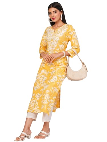 Image of GoSriKi Women's Cotton Blend Chikankari Embroidered Straight Kurta