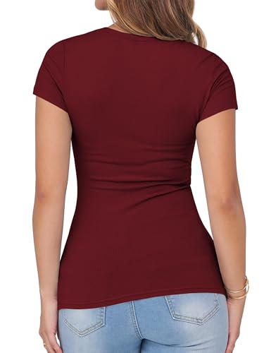 Image of Albe Rita Women Short Sleeve T-Shirt Cap V Neck Shirts for Women Ribbed Casual Top Knit Slim Fit for Summer