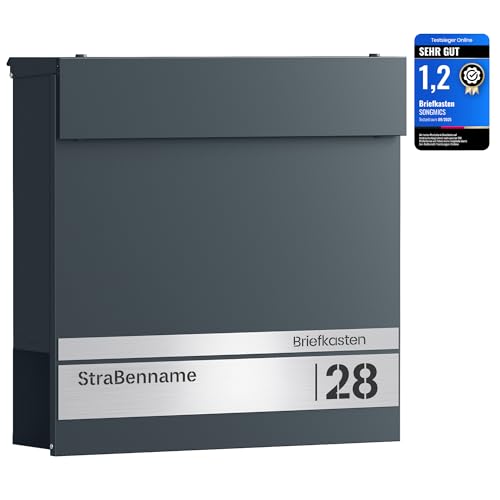 SONGMICS Briefkasten personalisiert, lasergraviertes Namensschild und Hausnummernschild, Postkasten, Softclose-Deckel, Zeitungsfach, Schloss, modern, 10,5 x 37 x 37 cm, anthrazit-silbern GMB090G01
