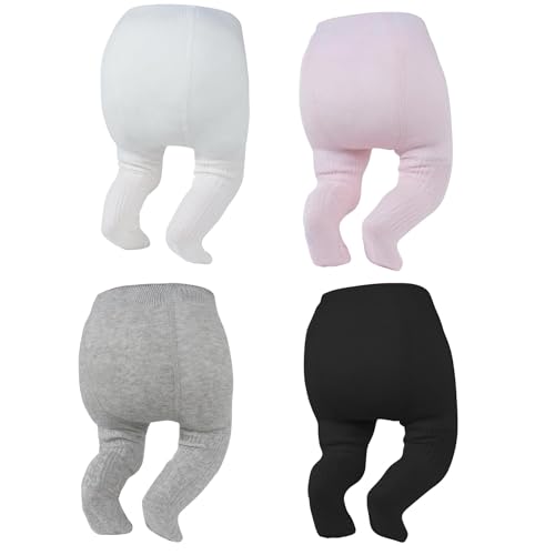 Zando 4 Pack Newborn Baby Girl Tights Cable Knit Infant Tights Soft Cotton Warm Full-Footed Leggings Elastic Fit Seamless Stockings Winter Daily Pantyhose Christening White Black Pink Grey 0-6 Months
