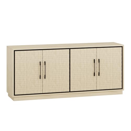 BELLEZE 65 Inch Embossed TV Stand for Living Room, Mid-Century Modern Entertainment Center with Storage, Large Media Console Table for TVs up to 75 Inches- Alto (White Lotus)