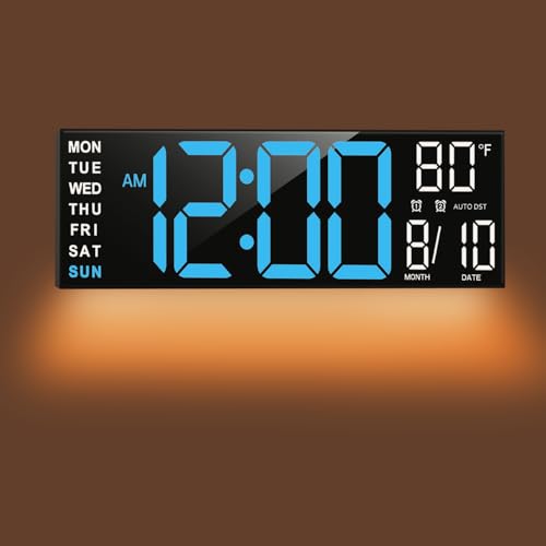 TrophyRak 16 Large Digital Wall Mount Clock, Count Down Timer, Alarm, Big LED, RGB Color, DST, Temperature for Living Room Classroom Desk, Wall, Xmas, Birthday Gift for Senior Mom Dad, Blue White