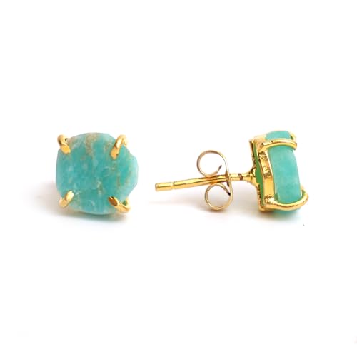 Gempires Raw Amazonite Post Stud Earrings, 8-10 mm Green Crystal Stud Earring, Gemstone Earrings, Gold Plated Amazonite Jewelry for Women Gift for Her