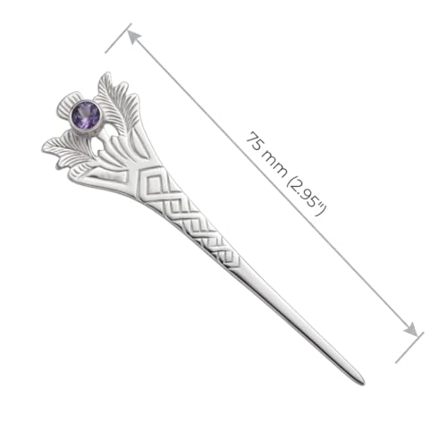 Image of Alexander Castle 925 Sterling Silver Scottish Thistle Kilt Pin Brooch with Purple CZ Stone for Men & Women - Kilt Accessory with Jewelry Gift Box - 76mm