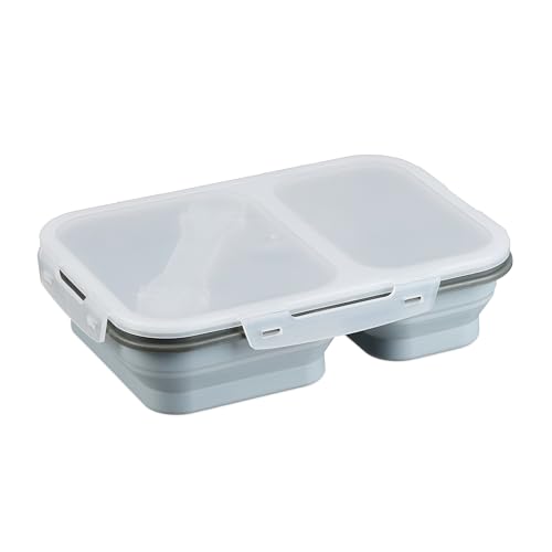 Relaxdays Lunchbox, 2 Fächer, faltbar, mikrowellengeeignet, luftdicht, Silikon, Brotdose mit Besteck, Essensbox, grau