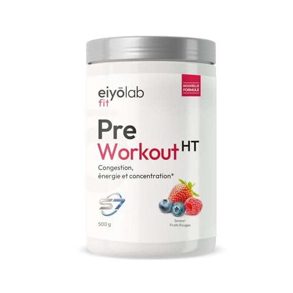 PRE WORKOUT HT | Booster Musculation sans Créatine | 3g de Bêta-Alanine + 3g d&rsquo;Arginine + 4g de Citrulline + 200mg de Caféine + S7 | Énergie + Congestion Musculaire | 500g | Fruits Rouges | Eiyolab