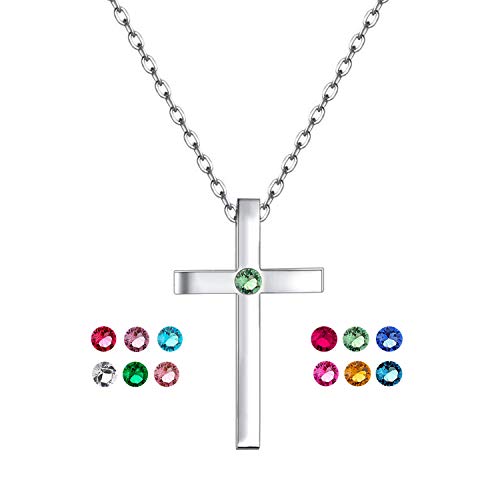 XOYOYZU Birthstone Small Cross Pendant Necklace for Women with AAAAA Sparkly Zircon Birthday Gifts for Women Fashion Jewelry, 0.98 inch * 0.51 inch, Stainless Steel, Cubic Zirconia