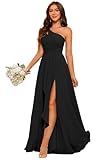 Black One Shoulder Split Bridesmaid Dresses Long for Women 2025 Ruched Chiffon Formal Dress with Pockets 10