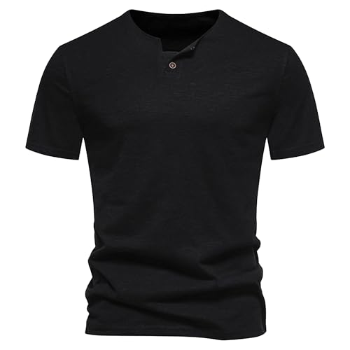 Men Cozy Breathable Button Solid T Shirt Casual Short Sleeve Basic Tees Tops Summer Classic Loose Street Shirts (Black,Large)