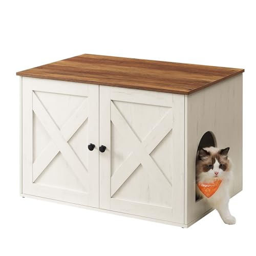 Feandrea Cat Litter Box Enclosure Litter Box Furniture Hidden Indoor Cat House End Table 27.6 x 19.7 x 19.7 Inches Rustic White and Honey Brown UPCL022K02