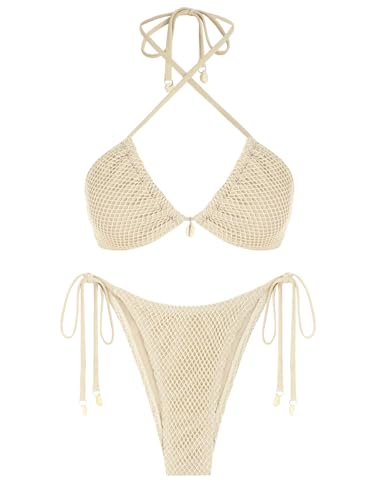 seamoly Womens Bikini Sets Halter Neck Fishnet Shell Two Piece Swimsuit Sexy High Cut Cheeky Triangle Bathing Suit Beige XS