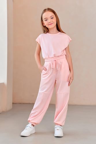 Haloumoning Mädchen Jumpsuits Kinder Mode Lange Hosen Mädchen Sommer Kurzarm Overall Casual Sport Jumpsuit, Rosa, 8-10 Jahre