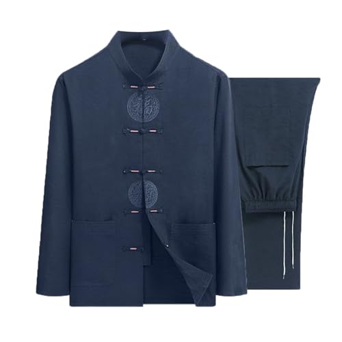PTATT Chinesischer Tang-Anzug Für Männer Kung Fu Kleidung Baumwolle Leinen Langarm Bestickter Mantel Oberteile Und Hosen blue 1-3XL
