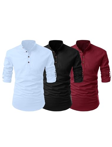 Image of FINIVO FASHION Combo of Men's Cotton Blend Solid Regular Fit Full Sleeve Straight Short Kurta Shirt, Casual and Formal Wear