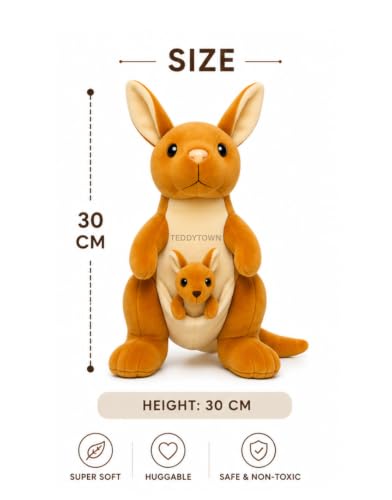 Image of Kangaroo with Baby Soft Toy for Girls Boys Kids,Brown,Kangaroo Animal Plush Stuffed Teddy Gift Birthday, 25 cm
