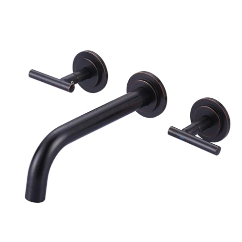 Wall Mount Bathroom Faucet:Oiled Rubbed Bronze Wall Faucet High Flow Two Handles Stainless Steels,Long Spout Reach,Widespread Bathroom Sink Faucet with Rough-in Valve 3 Holes Elegant Classic