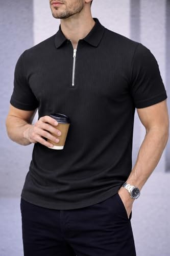 Image of Mack Jonney Men Ribbed Polo T-Shirt | Regular Fit | Half Sleeve | Zip Collar Casual T-Shirt-MJ-94