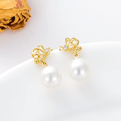 14K Real Pearl Stud Earrings For Women,Yellow Gold 8 Mm Freshwater Pearl Rose Flower Studs/Butterfly Studs/Four Leaf Clover Studs With Earrings Back,Fine Jewelry Gift For Girls,Mom,Wife (Butterfly) #TOP2