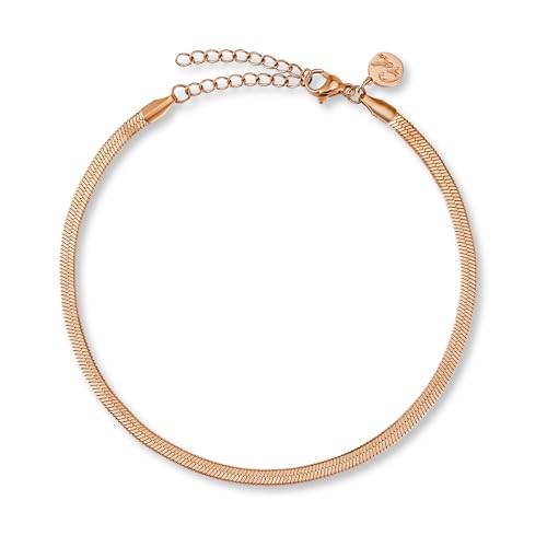 GD GOOD.designs EST. 2015 Bracelet de cheville femme – Chaîne serpent plate 3 mm en or rose 18K | Acier inoxydable 316L | Résistant à l’eau, réglable...