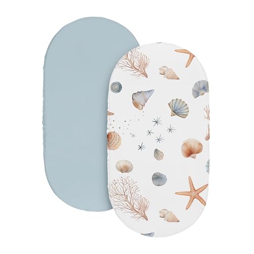 Image of Sweet Jojo Designs 2-Piece Baby Bassinet Sheets Set (Ocean Seashells) for Girls or Boys, Infant Newborn Nursery, Oval, Rectangle & Hourglass Mattress (Gender Neutral, Nautical, Beach Theme, Starfish)