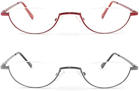 MMOWW 2 Pack Half Moon Reading Glasses for Men Women Slim Metal Half Frame Readers Semi Rimless Eyewear with Spring Hinge (Red+Gray, 2.0)
