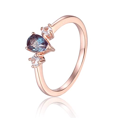 Fine Color Jewels Teardrop Three Stone Pear Shaped Ring With Moissanite In Rose Gold Plated Sterling Silver Red Ruby Created Alexandrite Color Change Birthstone Ring (Size 5 6 7 8) #TOP1