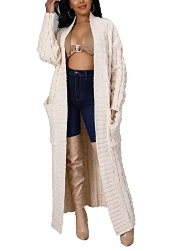 NRTHYE Women's Long Sleeve Open Front Cable Knit Long Cardigan Sweater with Pockets Loose Sweater Outwear Coats3