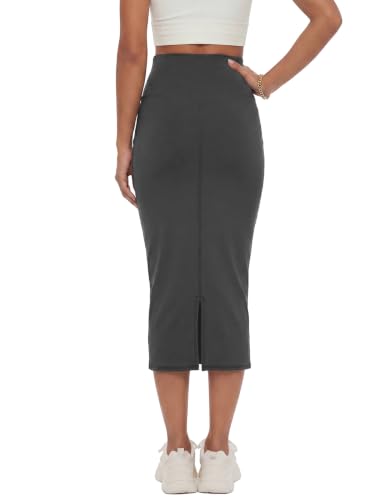 Image of Rooscier Women's High Waisted Pencil Midi Skirt | Stretchy Bodycon Knee Length Skirts with Back Slit