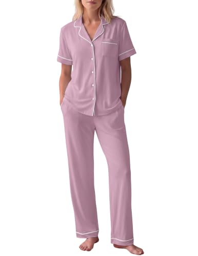 Image of HNG Women Pajamas Set 2 Piece Button Up Pajamas Pant and Short Sleeve Shirt for Woman Pj Sets with Pocket