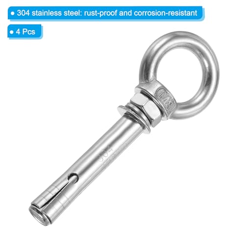 Image of PATIKIL Expansion Eye Bolt M8x70mm, 4 Pack 304 Stainless Steel Shoulder Anchors Eyebolt Screw with Eye Ring for Concrete Brick Walls Canopy Engineering Rigging Silver