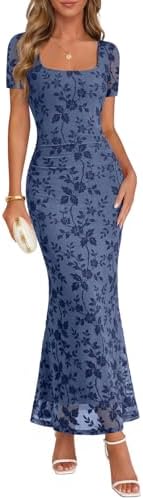 MEROKEETY Womens Summer Floral Wedding Guest Maxi Dress, Dusty Blue, M