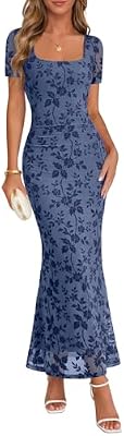 Women's Summer Floral Wedding Guest Maxi Dress – Dusty Blue, Size L