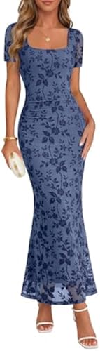 MEROKEETY Women Summer Floral Wedding Guest Maxi Dress 2026 Short Sleeve Square Neck Mesh Bodycon Cocktail Party Long Dresses, Dusty Blue, Medium