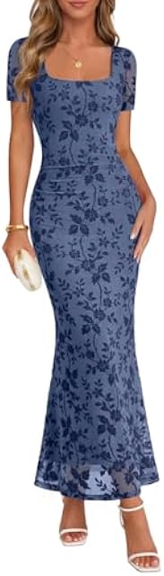 MEROKEETY Women Summer Floral Wedding Guest Maxi Dress 2026 Short Sleeve Square Neck Mesh Bodycon Cocktail Party Long Dresses, Dusty Blue, Medium