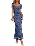 MEROKEETY Women Summer Floral Wedding Guest Maxi Dress 2026 Short Sleeve Square Neck Mesh Bodycon Cocktail Party Long Dresses, Dusty Blue, Medium