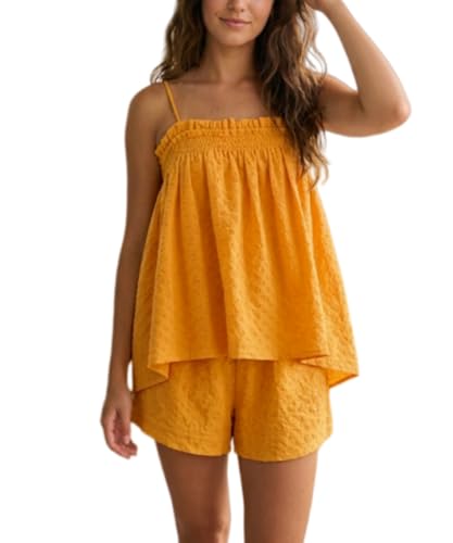 Image of Yuemengxuan Women 2 Piece Casual Lounge Set Sleeveless Strappy Tie Back Cami Top Wide Leg Shorts 2Pcs Summer Pj Set Beachwear