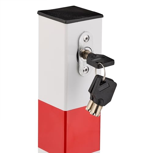 Relaxdays Absperrpfosten, klappbar, Stahl, Parkplatz Absperrung, H: 65 cm, abschließbar, eckiger Parkpfosten, weiß/rot