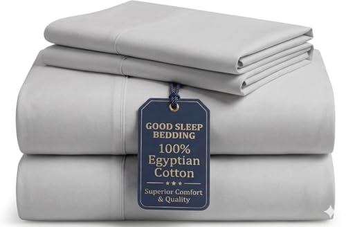 Image of Good Sleep Bedding Full Size Sheet Sets, 4 Piece, 100% Egyptian Cotton Full Sheets, Silky Sateen Weave, Ultra-Soft Hotel Sheets, 16 inch Deep Pocket Full Bed Sheets Set - Light Gray