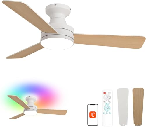 Image of Orison 42-Inch Ceiling Fans with Lights, Low Profile, Flush Mount, Features RGB Backlight, Dimmable Lighting, 6 Speeds, 3 Reversible Blades, Remote and App Control, White