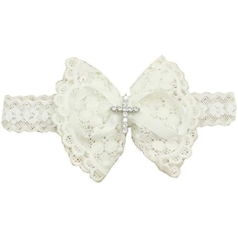 White Baby Bow Headband for Baptism Christening Satin Lace Hair Band Cover