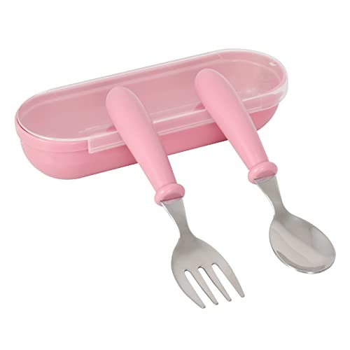 Nivofu Cubiertos Infantiles de Acero Inoxidable, cubiertos para niños mango redondo, Cubertería para Niños Juego de Tenedor y Cuchara con Caja de Cubiertos para Uso en Hogar y Escuela (Rosa)