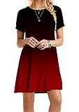 YMING Women Summer Casual O-Neck T Shirt Dresses Short Sleeve Solid A Line Swing Mini Dress Plus Size Blk Red L