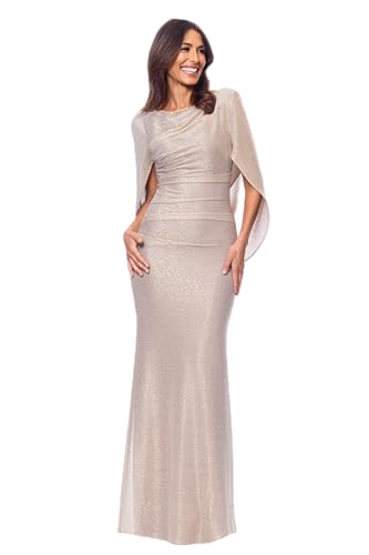 Image of Betsy & Adam Women's Floor Length Metallic Crinkle Knit Boat Neck Draped Cape Sleeve Evening Gown
