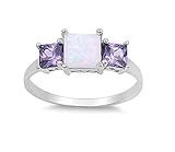 CloseoutWarehouse Three Princess Cut Simulated Amethyst Cubic Zirconia White Simulated Opal Ring 925 Sterling Silver Size 5