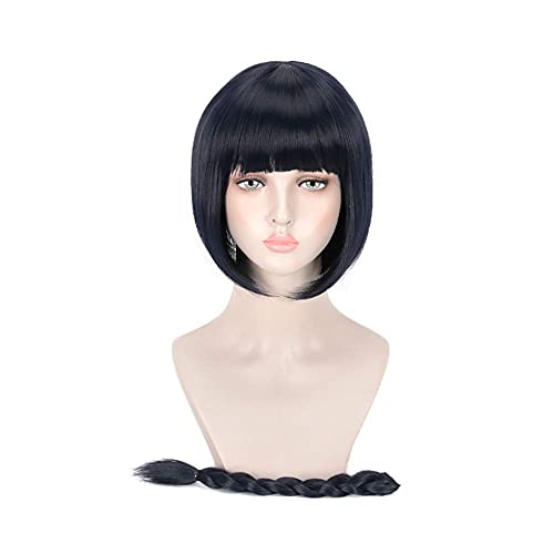 C-ZOFEK Men s Anime Cosplay Wig Short Black Bob Hair with Detachable Pigtail (Black blue)